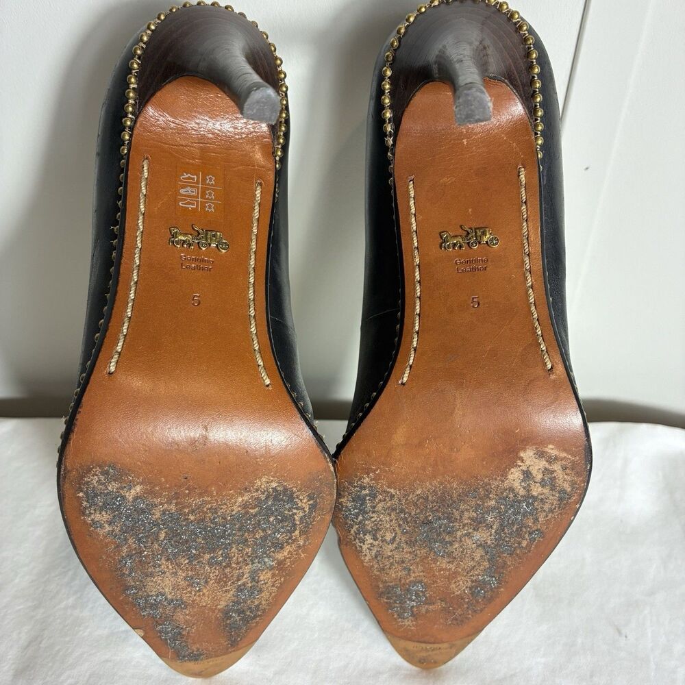 Coach Heels Sz 5 Vonna Black Leather Pointed Toe Gold Bead Chain High Heel Pump - Picture 7 of 13